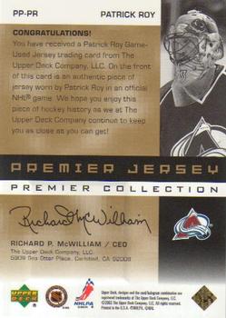 2002-03 Upper Deck Premier Collection - Jerseys Gold #PP-PR Patrick Roy Back