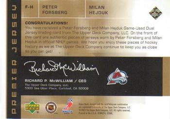 2002-03 Upper Deck Premier Collection - Jerseys Gold #F-H Peter Forsberg / Milan Hejduk Back