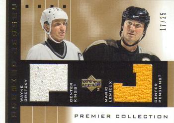 2002-03 Upper Deck Premier Collection - Jerseys Gold #G-L Wayne Gretzky / Mario Lemieux Front