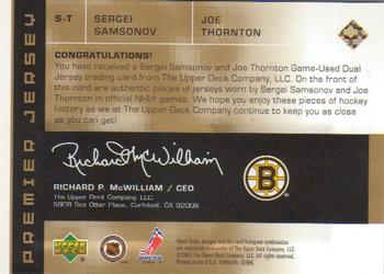 2002-03 Upper Deck Premier Collection - Jerseys Gold #S-T Sergei Samsonov / Joe Thornton Back