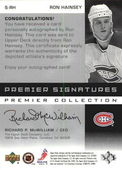 2002-03 Upper Deck Premier Collection - Signatures Silver #S-RH Ron Hainsey Back
