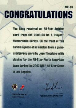 2003-04 Be a Player Memorabilia - All-Star Emblems #ASE-13 Jose Theodore Back