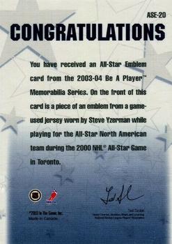 2003-04 Be a Player Memorabilia - All-Star Emblems #ASE-20 Steve Yzerman Back