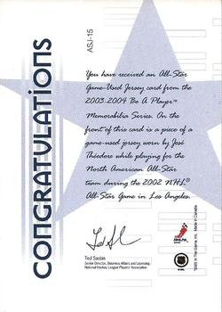 2003-04 Be a Player Memorabilia - All-Star Jerseys #ASJ-15 Jose Theodore Back