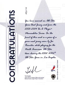 2003-04 Be a Player Memorabilia - All-Star Jerseys #ASJ-14 Joe Thornton Back