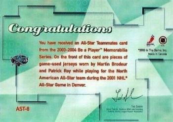 2003-04 Be a Player Memorabilia - All-Star Teammates #AST-8 Martin Brodeur / Patrick Roy Back