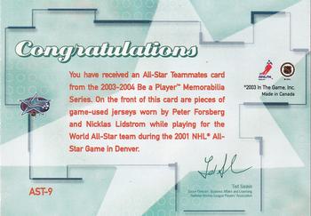 2003-04 Be a Player Memorabilia - All-Star Teammates #AST-9 Peter Forsberg / Nicklas Lidstrom Back