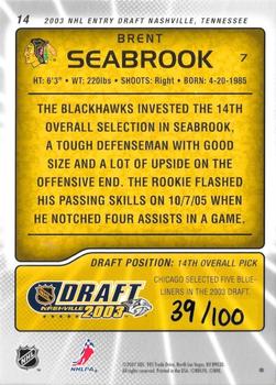 2003-04 Be a Player Memorabilia - 2003 NHL Entry Draft Redemption Exchange #14 Brent Seabrook Back