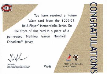 2003-04 Be a Player Memorabilia - Future Wave #FW-6 Mathieu Garon Back
