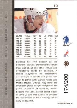 2003-04 Be a Player Memorabilia - Ruby #18 Daniel Alfredsson Back