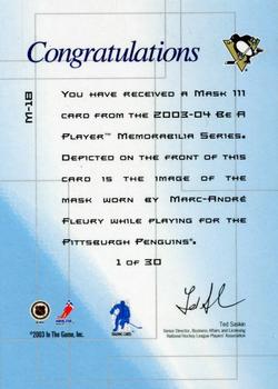 2003-04 Be a Player Memorabilia - The Mask III Gold #M-18 Marc-Andre Fleury Back