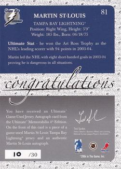 2003-04 Be a Player Ultimate Memorabilia - Autographed Jerseys #81 Martin St. Louis Back
