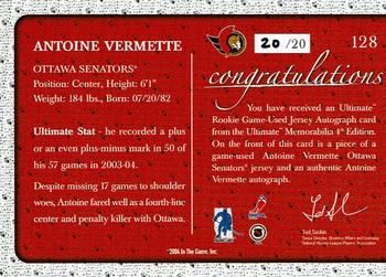 2003-04 Be a Player Ultimate Memorabilia - Autographed Jerseys #128 Antoine Vermette Back