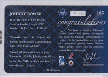 2003-04 Be a Player Ultimate Memorabilia - Autographed Jerseys #165 Johnny Bower Back