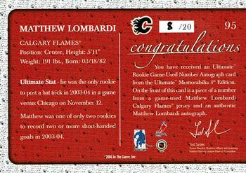 2003-04 Be a Player Ultimate Memorabilia - Autographed Numbers #95 Matthew Lombardi Back