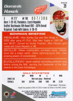 2003-04 Bowman Draft Picks and Prospects - Chrome Refractors #39 Dominik Hasek Back