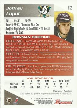 2003-04 Bowman Draft Picks and Prospects - Gold #112 Joffrey Lupul Back
