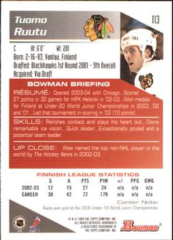 2003-04 Bowman Draft Picks and Prospects - Gold #113 Tuomo Ruutu Back