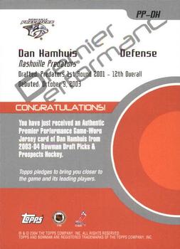 2003-04 Bowman Draft Picks and Prospects - Premier Performance Jerseys #PP-DH Dan Hamhuis Back