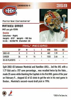 2003-04 In The Game Action - Collector's International Montreal Fall 2003 #359 Mathieu Garon Back
