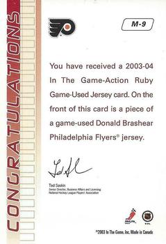 2003-04 In The Game Action - Jerseys #M-9 Donald Brashear Back
