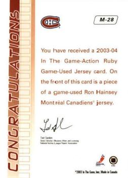 2003-04 In The Game Action - Jerseys #M-28 Ron Hainsey Back