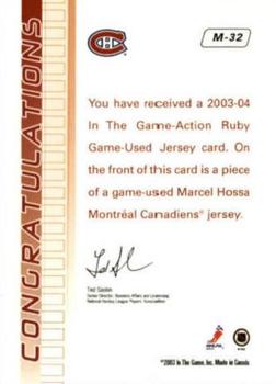 2003-04 In The Game Action - Jerseys #M-32 Marcel Hossa Back