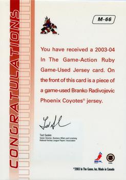 2003-04 In The Game Action - Jerseys #M-66 Branko Radivojevic Back