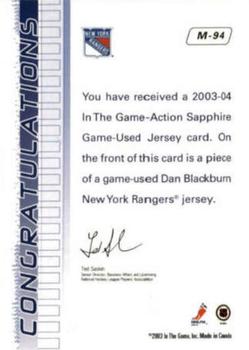 2003-04 In The Game Action - Jerseys #M-94 Dan Blackburn Back