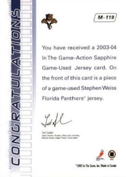 2003-04 In The Game Action - Jerseys #M-119 Stephen Weiss Back