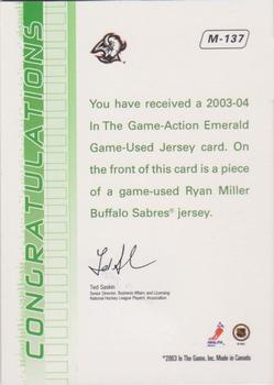 2003-04 In The Game Action - Jerseys #M-137 Ryan Miller Back