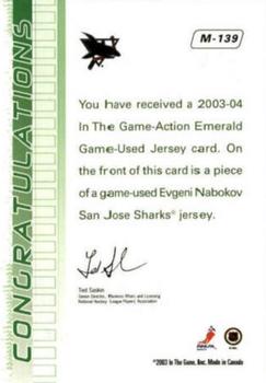 2003-04 In The Game Action - Jerseys #M-139 Evgeni Nabokov Back