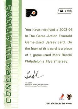 2003-04 In The Game Action - Jerseys #M-144 Mark Recchi Back
