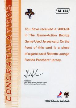 2003-04 In The Game Action - Jerseys #M-166 Roberto Luongo Back