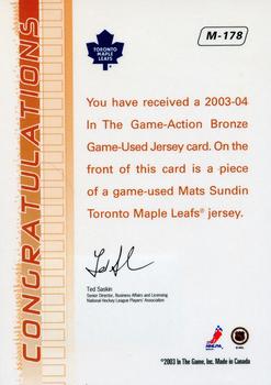 2003-04 In The Game Action - Jerseys #M-178 Mats Sundin Back