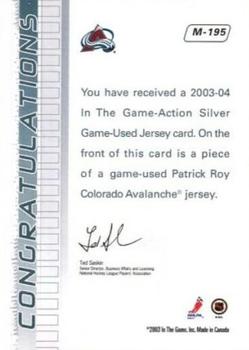 2003-04 In The Game Action - Jerseys #M-195 Patrick Roy Back