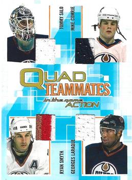 2003-04 In The Game Action - Jerseys #M-233 Tommy Salo / Mike Comrie / Ryan Smyth / Georges Laraque Front