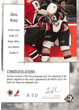 2003-04 In The Game Used Signature Series - Autographs #A-CD Chris Drury Back
