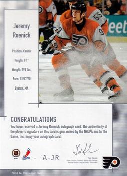 2003-04 In The Game Used Signature Series - Autographs #A-JR Jeremy Roenick Back