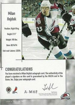 2003-04 In The Game Used Signature Series - Autographs #A-MHE Milan Hejduk Back