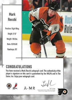 2003-04 In The Game Used Signature Series - Autographs #A-MR Mark Recchi Back