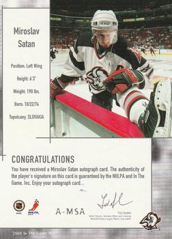 2003-04 In The Game Used Signature Series - Autographs #A-MSA Miroslav Satan Back