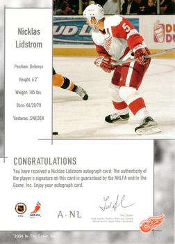 2003-04 In The Game Used Signature Series - Autographs #A-NL Nicklas Lidstrom Back
