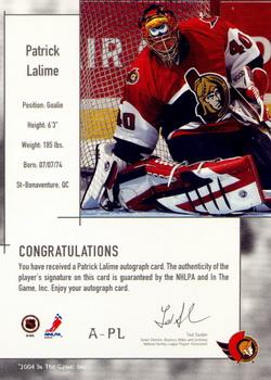 2003-04 In The Game Used Signature Series - Autographs Gold #A-PL Patrick Lalime Back