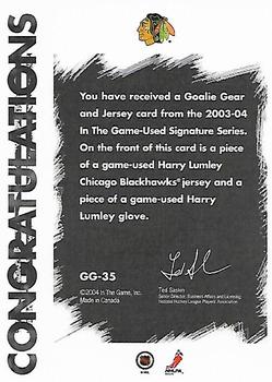 2003-04 In The Game Used Signature Series - Goalie Gear #GG-35 Harry Lumley Back