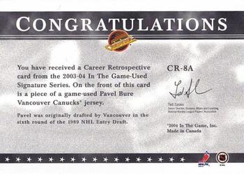 2003-04 In The Game Used Signature Series - Retrospectives #CR-8A Pavel Bure Back