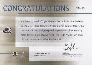 2003-04 In The Game Used Signature Series - Triple Memorabilia #TM-15 Milan Hejduk Back