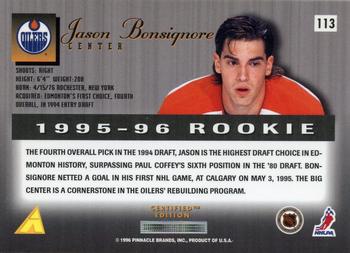 1995-96 Select Certified #113 Jason Bonsignore Back