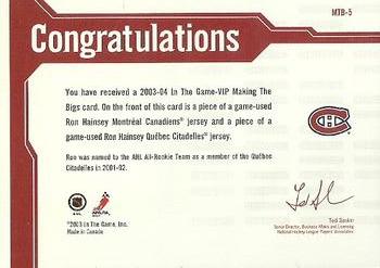 2003-04 In The Game VIP - Making the Bigs #MTB-5 Ron Hainsey Back