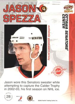 2003-04 Pacific - Jerseys #28 Jason Spezza Back
